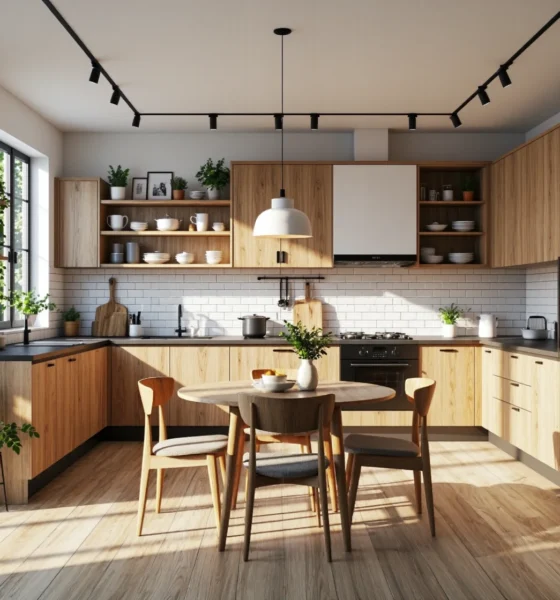 Drewniany stół okrągły z czterema krzesłami w stylu skandynawskim