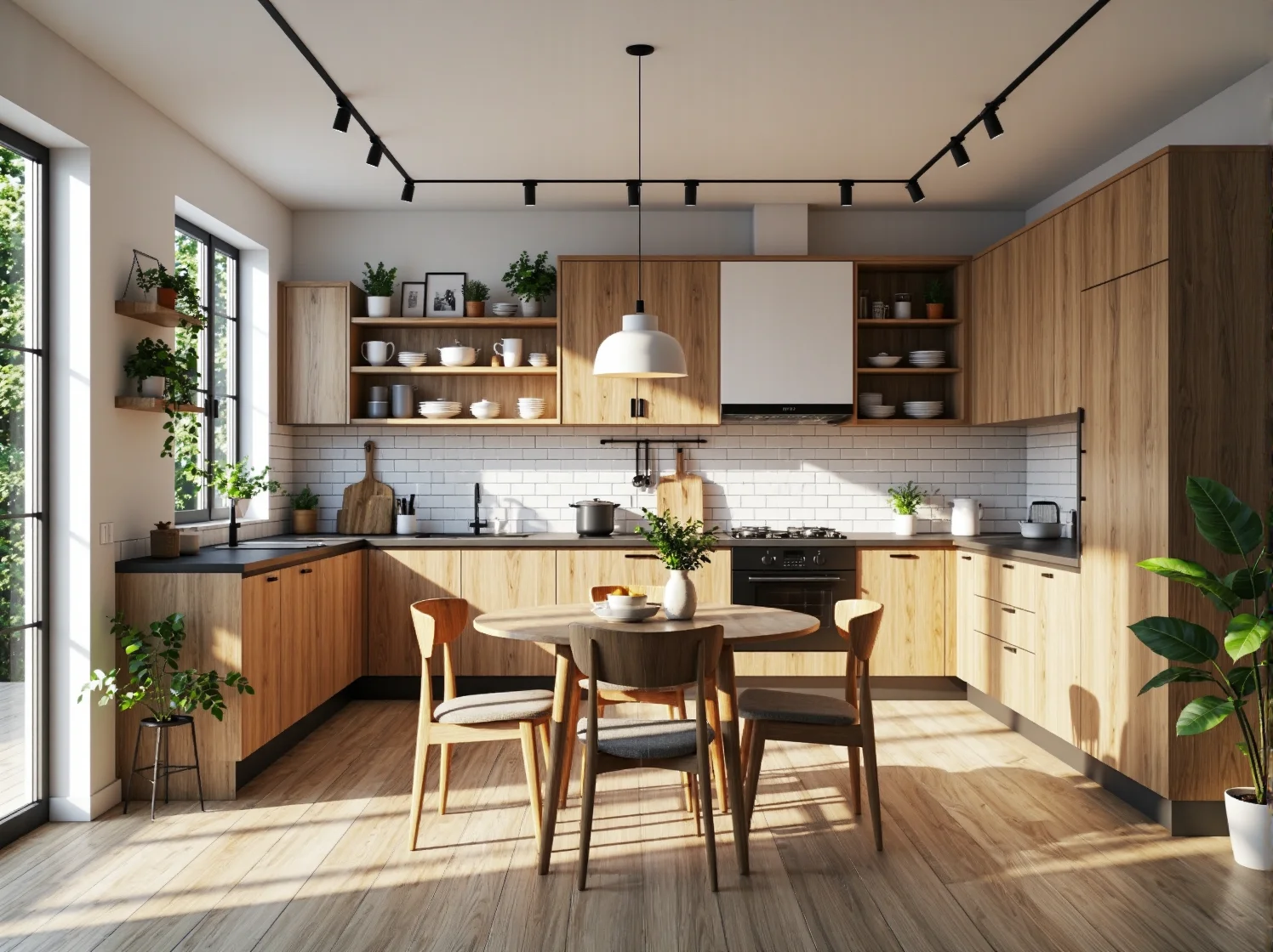 Drewniany stół okrągły z czterema krzesłami w stylu skandynawskim