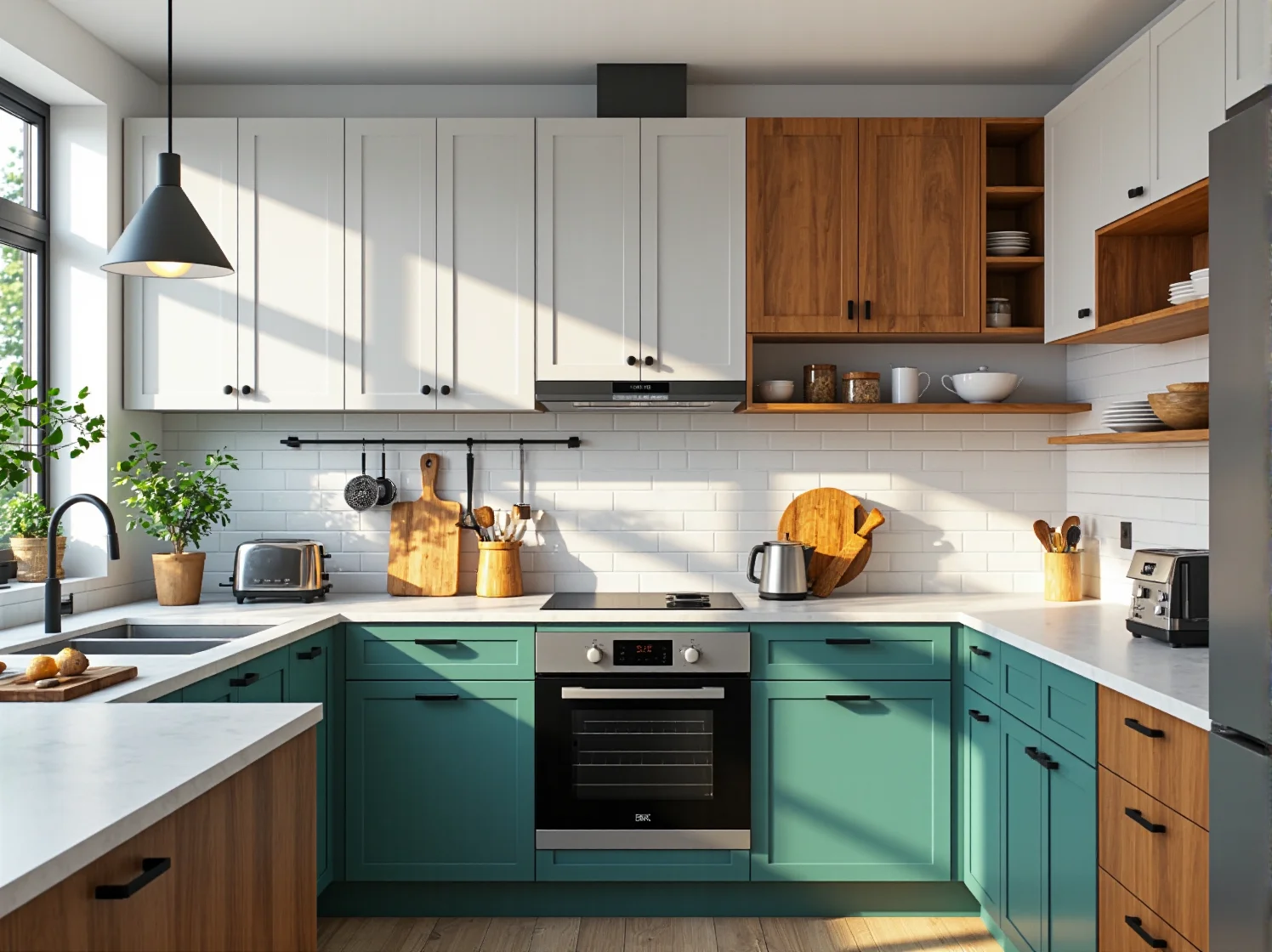 Stylowe, odnowione szafki kuchenne z nowymi uchwytami. Pomysł na tanią zmianę wystroju kuchni.