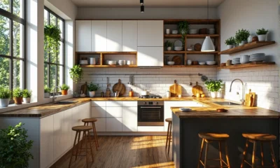 Białe meble kuchenne z drewnianym blatem i otwartymi półkami