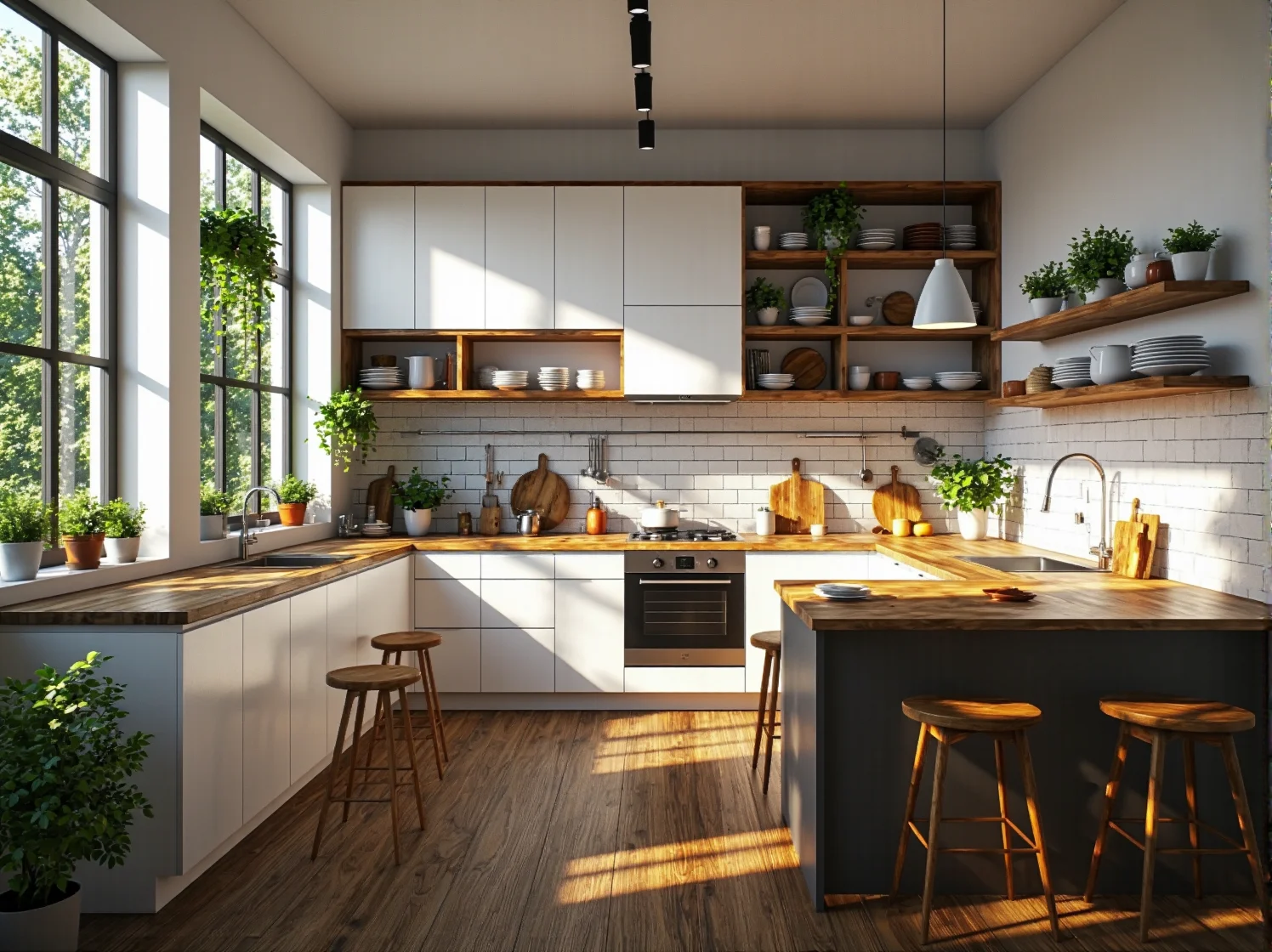 Białe meble kuchenne z drewnianym blatem i otwartymi półkami