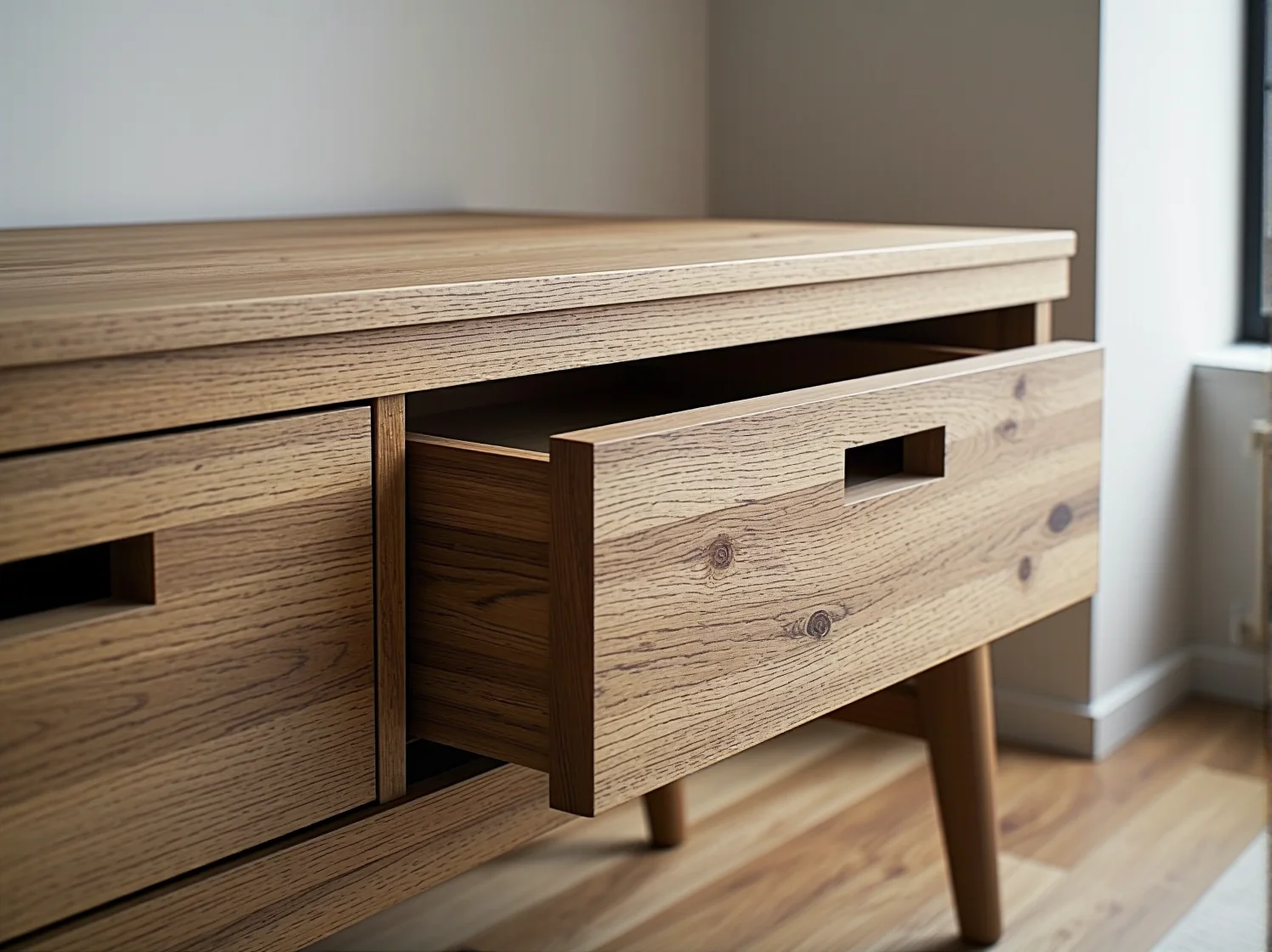 Minimalistyczna komoda japandi na nóżkach łącząca styl japoński i skandynawski