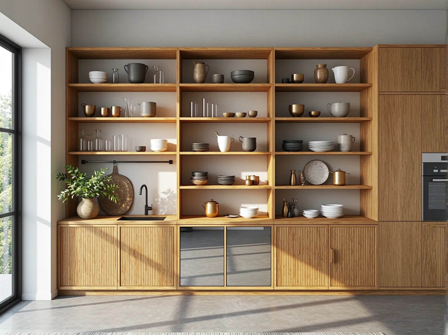 Kuchnia glamour z elementami naturalnego kamienia i certyfikowanego drewna w duchu eko.