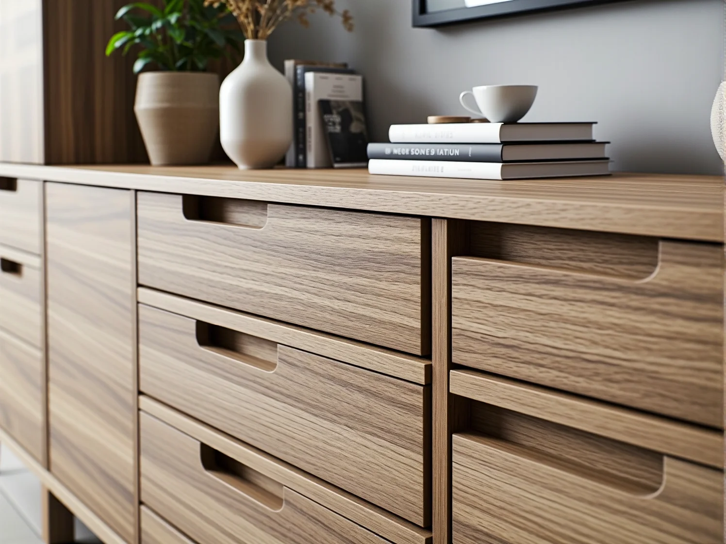 Nowoczesna komoda modułowa z innowacyjnym systemem otwierania typu push-to-open.