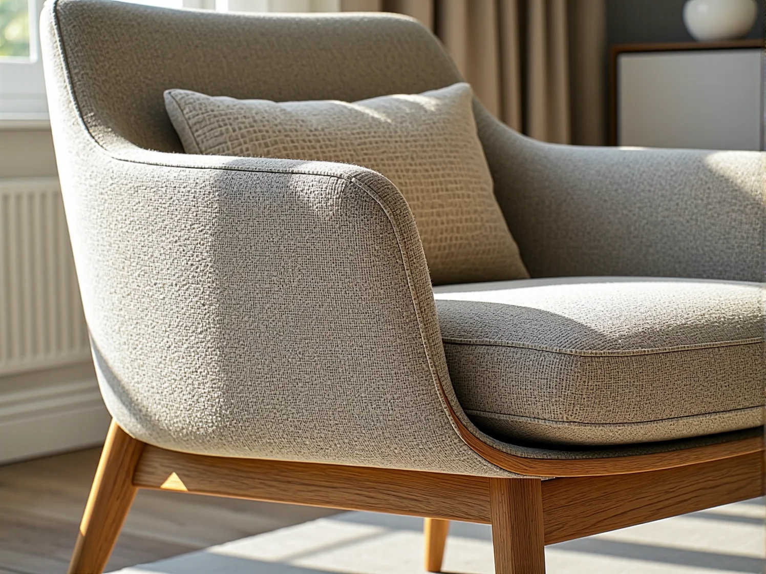 Szare krzesło tapicerowane o prostej bryle idealnie pasujące do minimalistycznego salonu i jadalni.