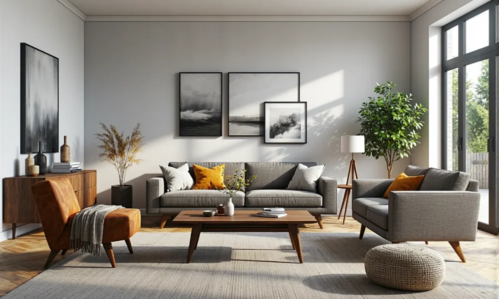 Nowoczesny zestaw wypoczynkowy szary z drewnianym stolikiem kawowym