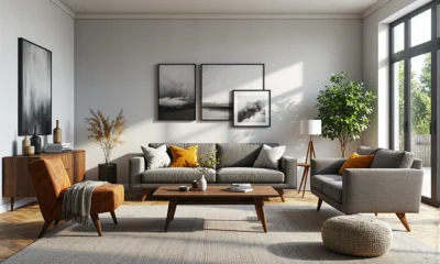 Nowoczesny zestaw wypoczynkowy szary z drewnianym stolikiem kawowym