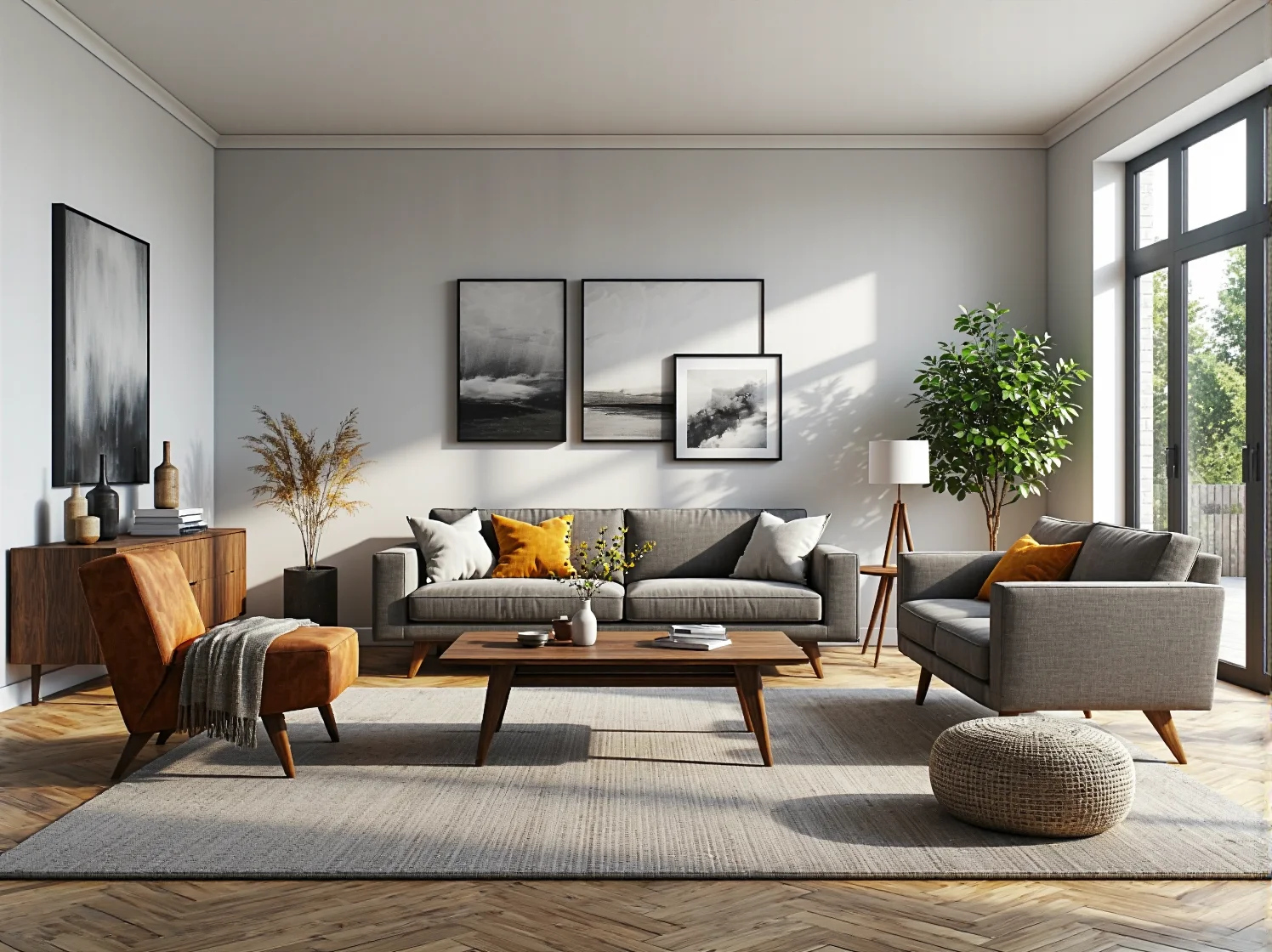 Nowoczesny zestaw wypoczynkowy szary z drewnianym stolikiem kawowym