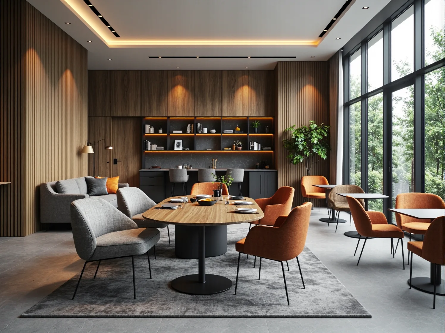 Nowoczesny stół do strefy bufetowej w hotelu, wykonany z ciemnego drewna i metalu.