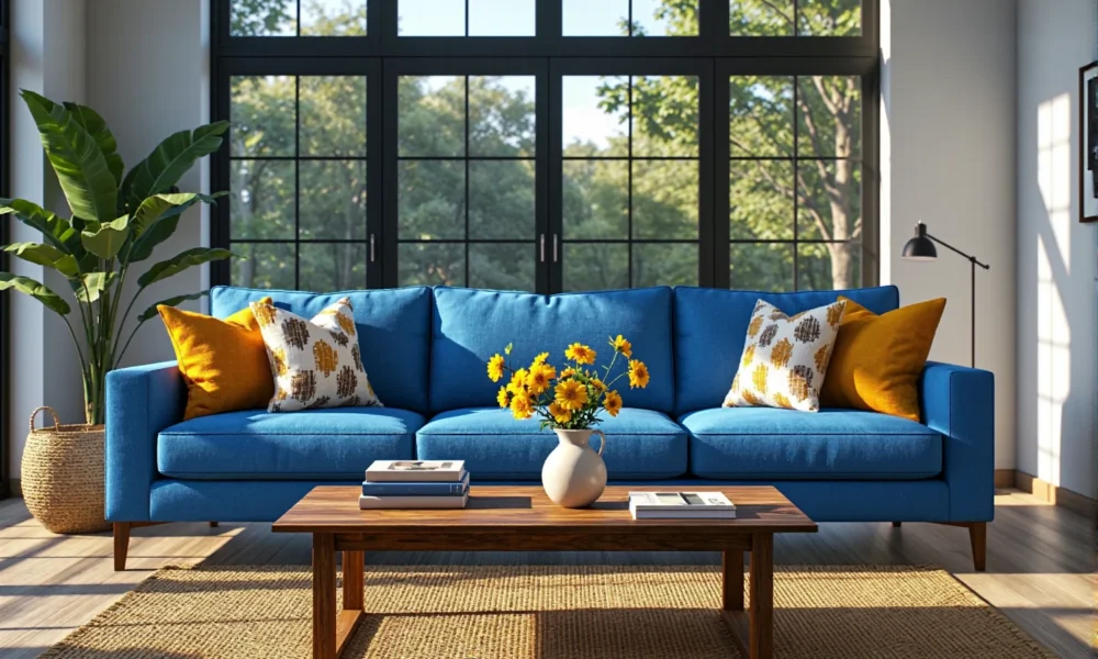 Niebieska sofa trzyosobowa z poduszkami na drewnianych nóżkach
