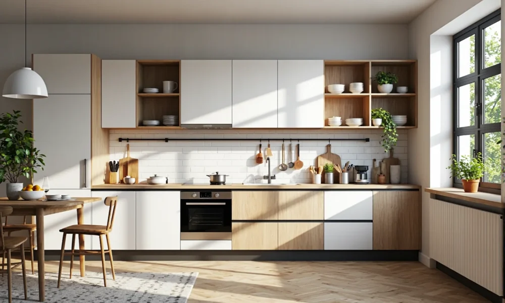 Nowoczesne szafki kuchenne biało-dębowe z otwartymi półkami