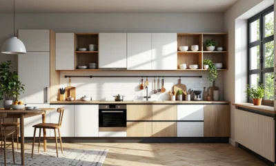 Nowoczesne szafki kuchenne biało-dębowe z otwartymi półkami