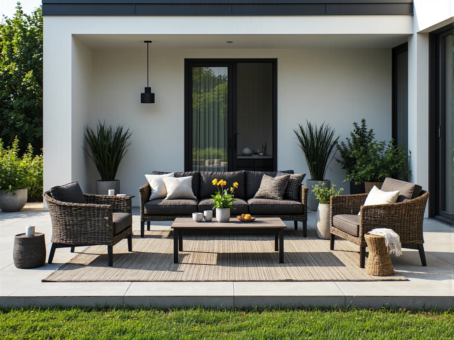 Aranżacja ogrodu w stylu boho z wiszącym fotelem, lampionami i dużą ilością roślinności.