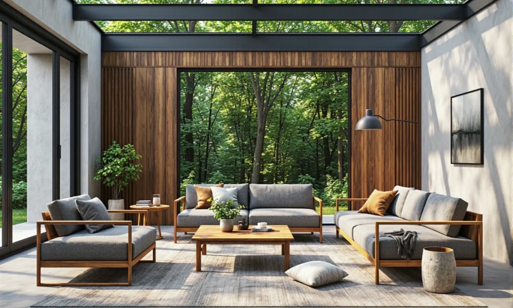 Zestaw mebli ogrodowych drewniany z szarymi poduszkami i stolikiem