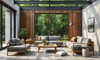 Zestaw mebli ogrodowych drewniany z szarymi poduszkami i stolikiem