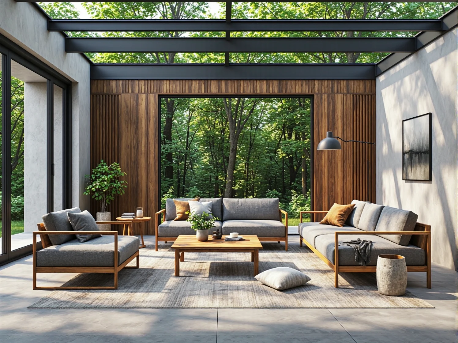 Zestaw mebli ogrodowych drewniany z szarymi poduszkami i stolikiem