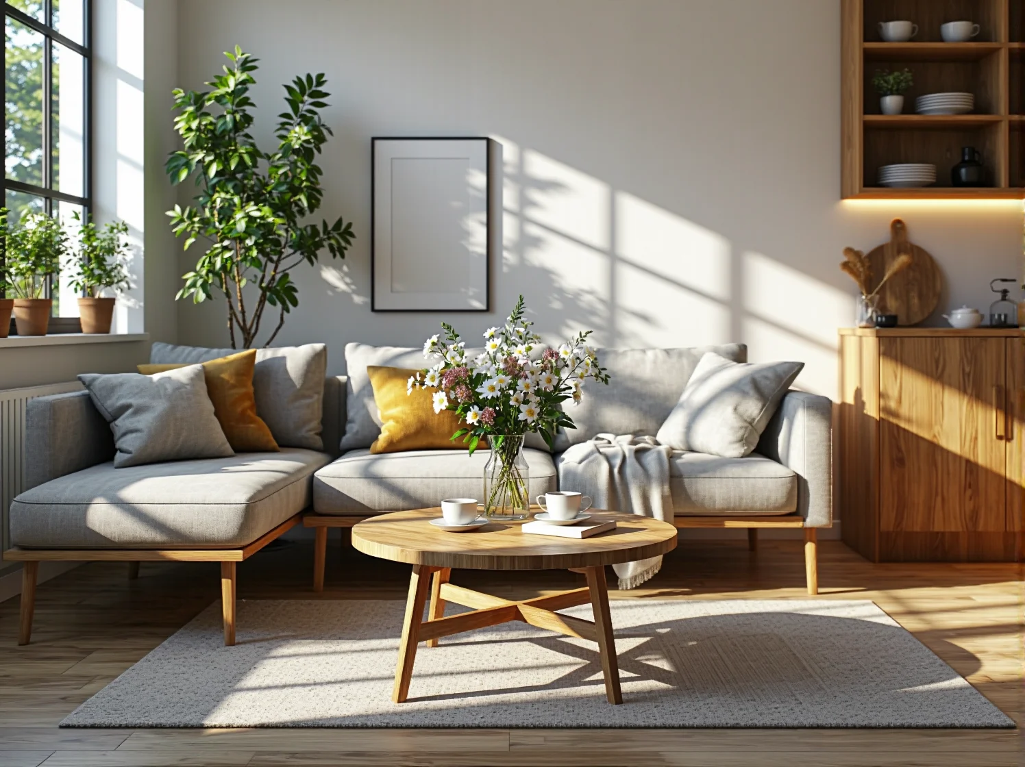 Nowoczesny, okrągły stół kawowy z drewna jako centralny punkt salonu w stylu scandi.