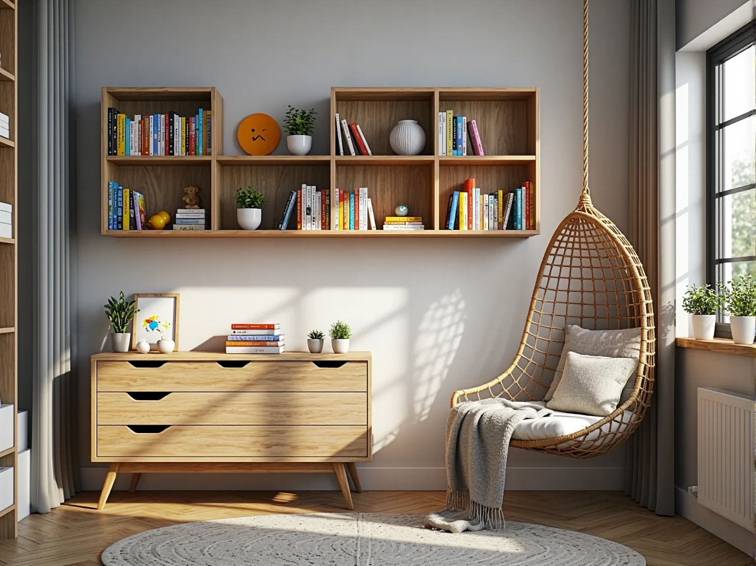 Jasny pokój dziecięcy z lustrem i dużym oknem, które optycznie powiększają małą przestrzeń.