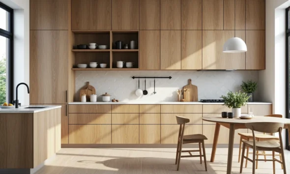 Nowoczesne meble kuchenne dąb naturalny z otwartymi półkami