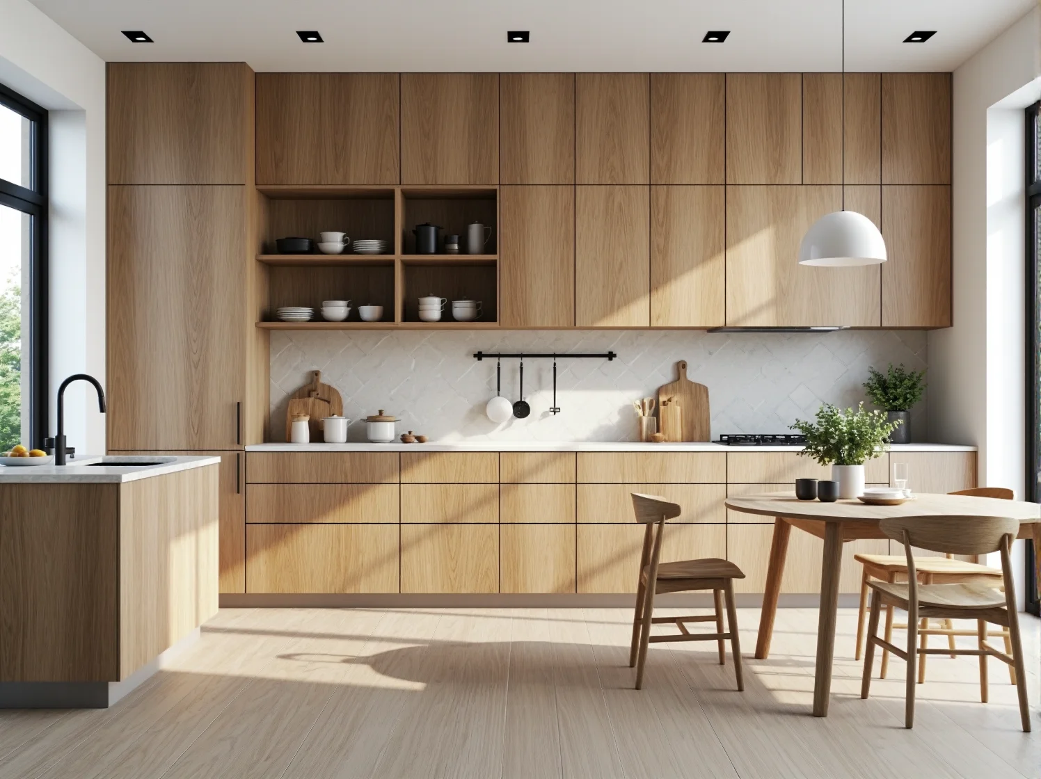 Nowoczesne meble kuchenne dąb naturalny z otwartymi półkami