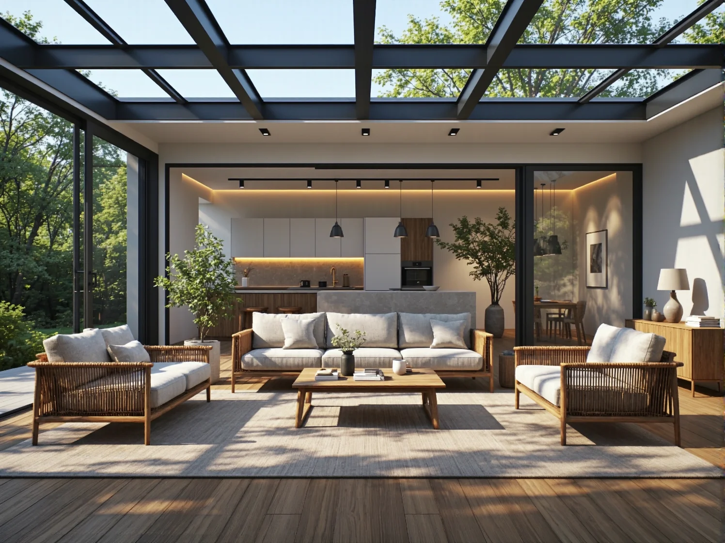 Kamienna latarnia oświetlająca ścieżkę w japońskim ogrodzie zen, tworząc atmosferę wyciszenia.