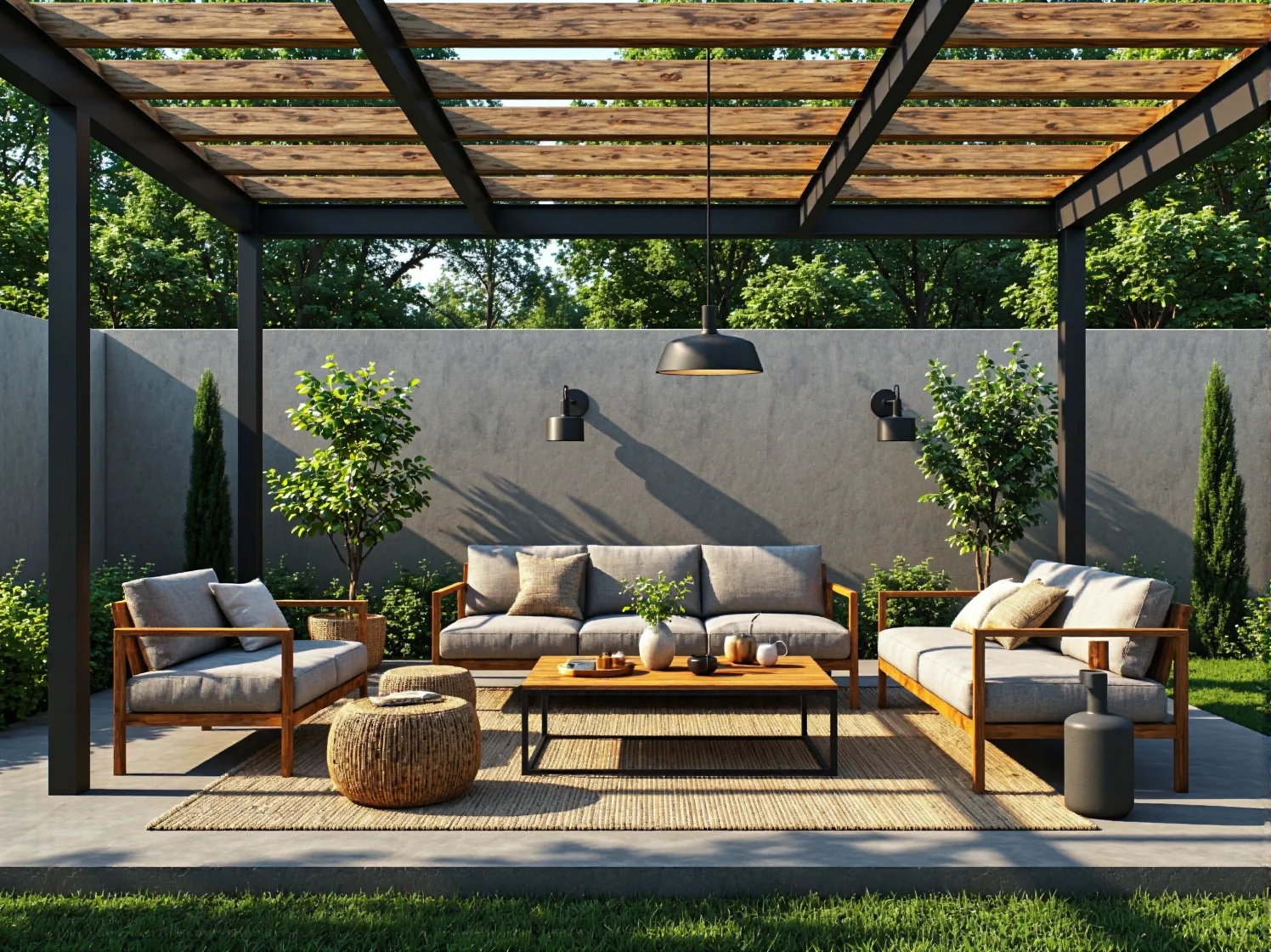 Stylowe oświetlenie pergoli industrialnej za pomocą czarnych kinkietów i girland świetlnych.