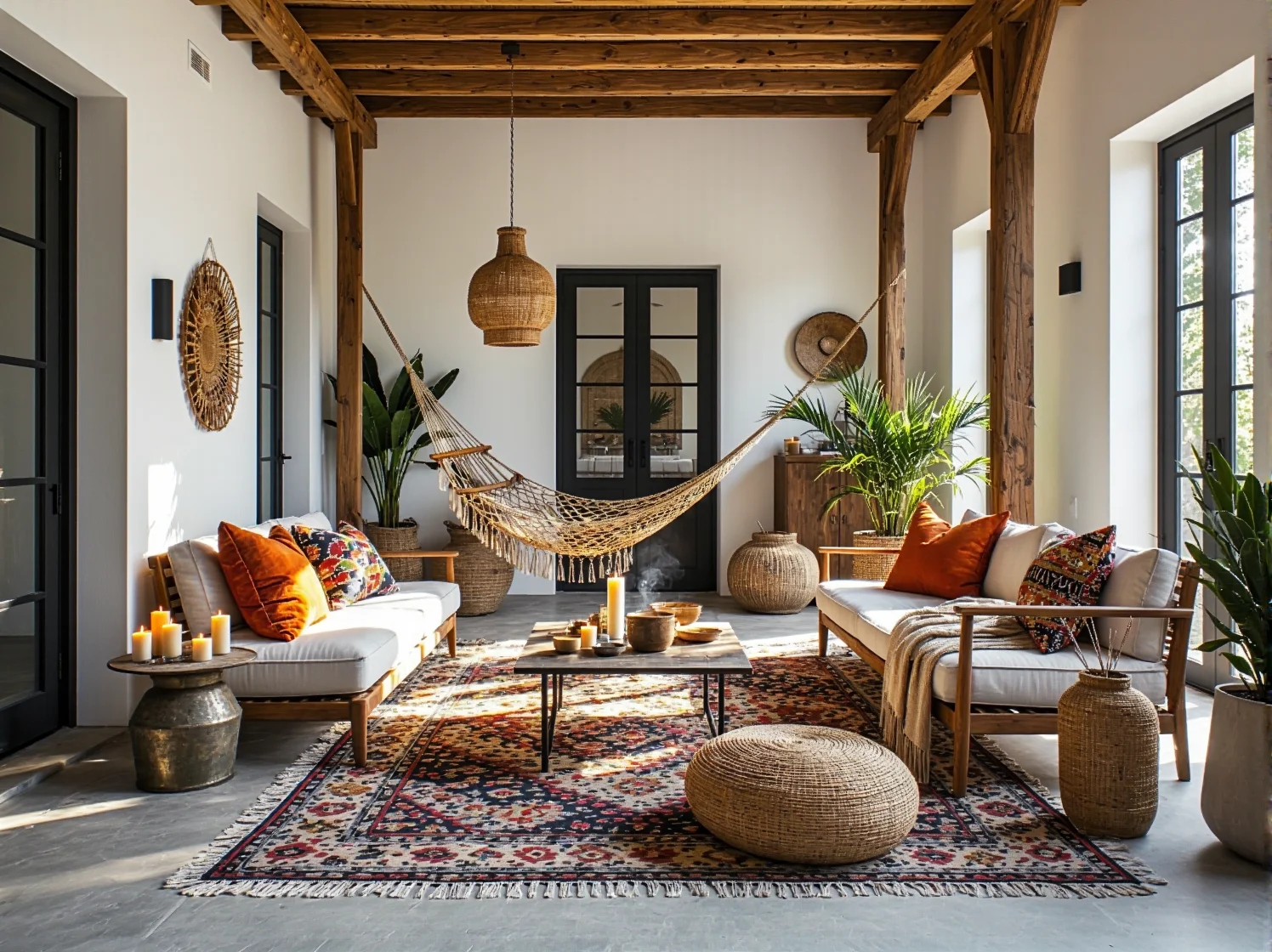 Nastrojowe oświetlenie na taras w stylu boho – girlandy świetlne, lampiony i świece.