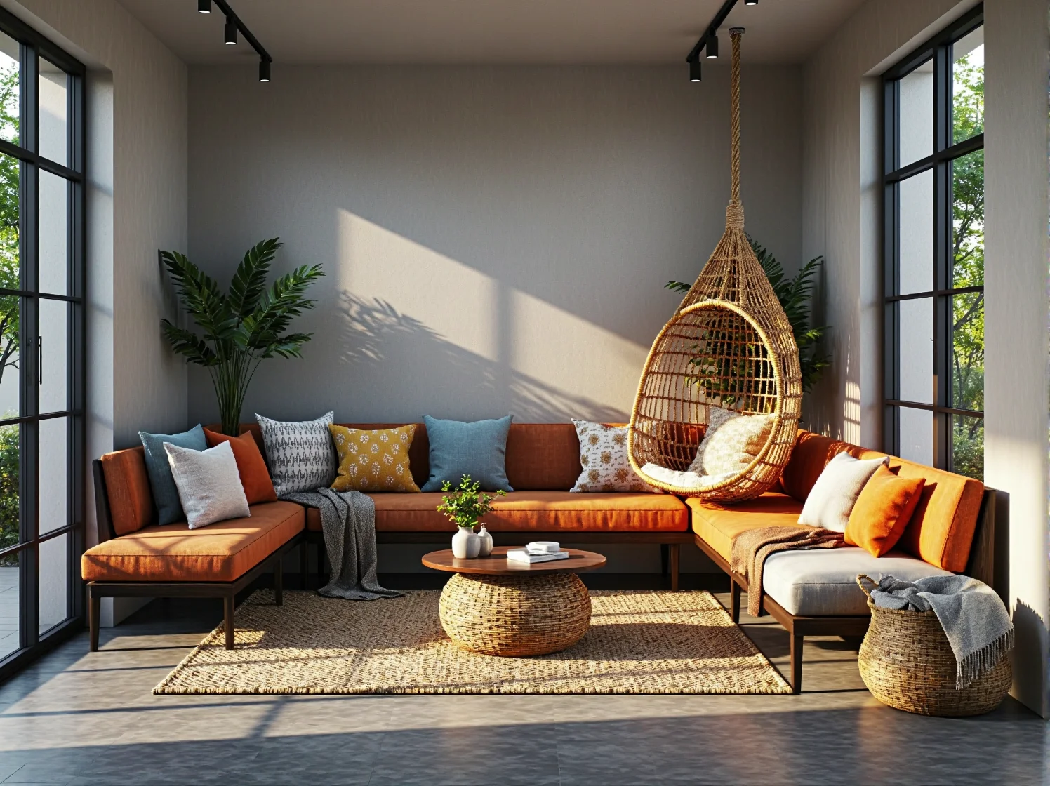 Klimatyczne wnętrze restauracji boho oświetlone rattanowymi lampami i girlandami świetlnymi.