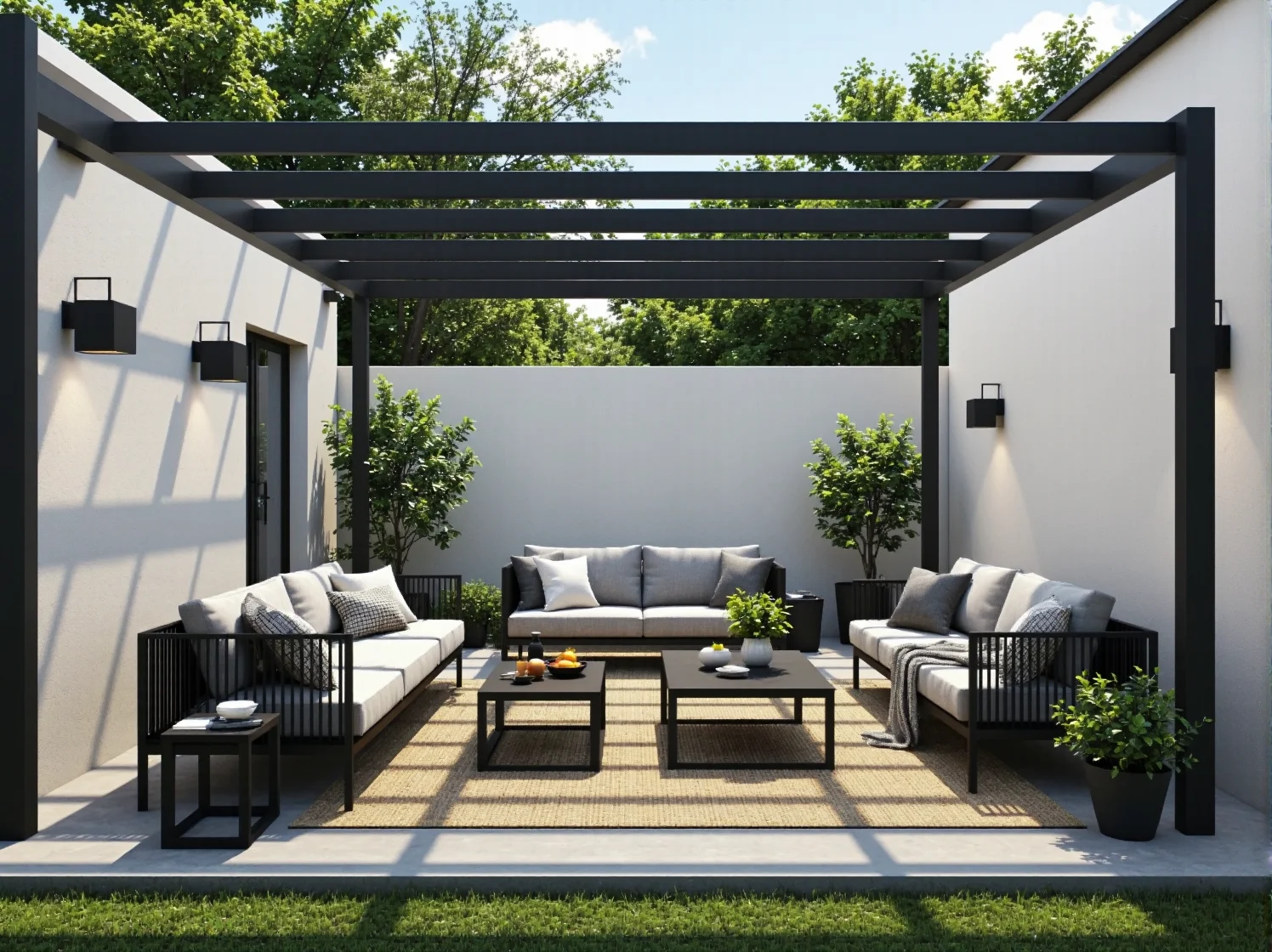 Nowoczesna pergola z nastrojowym oświetleniem industrialnym LED po zmroku. Przewodnik po lampach.