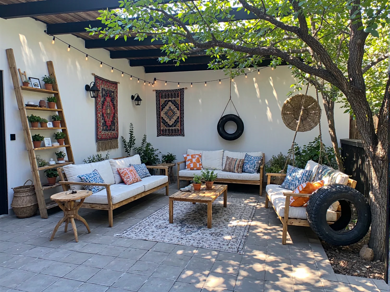 Zielony azyl na tarasie z meblami z recyklingu, takimi jak ławka ze starych skrzynek i kolorowe lampiony.