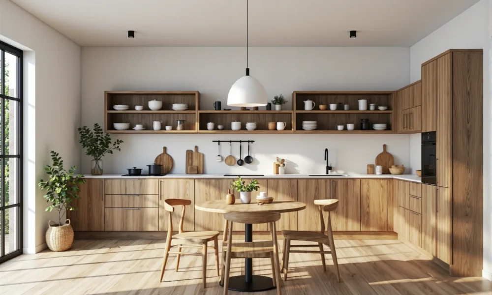 Zabudowa kuchenna dąb naturalny z otwartymi półkami i białym blatem