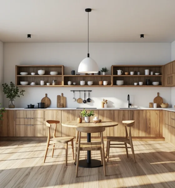 Zabudowa kuchenna dąb naturalny z otwartymi półkami i białym blatem