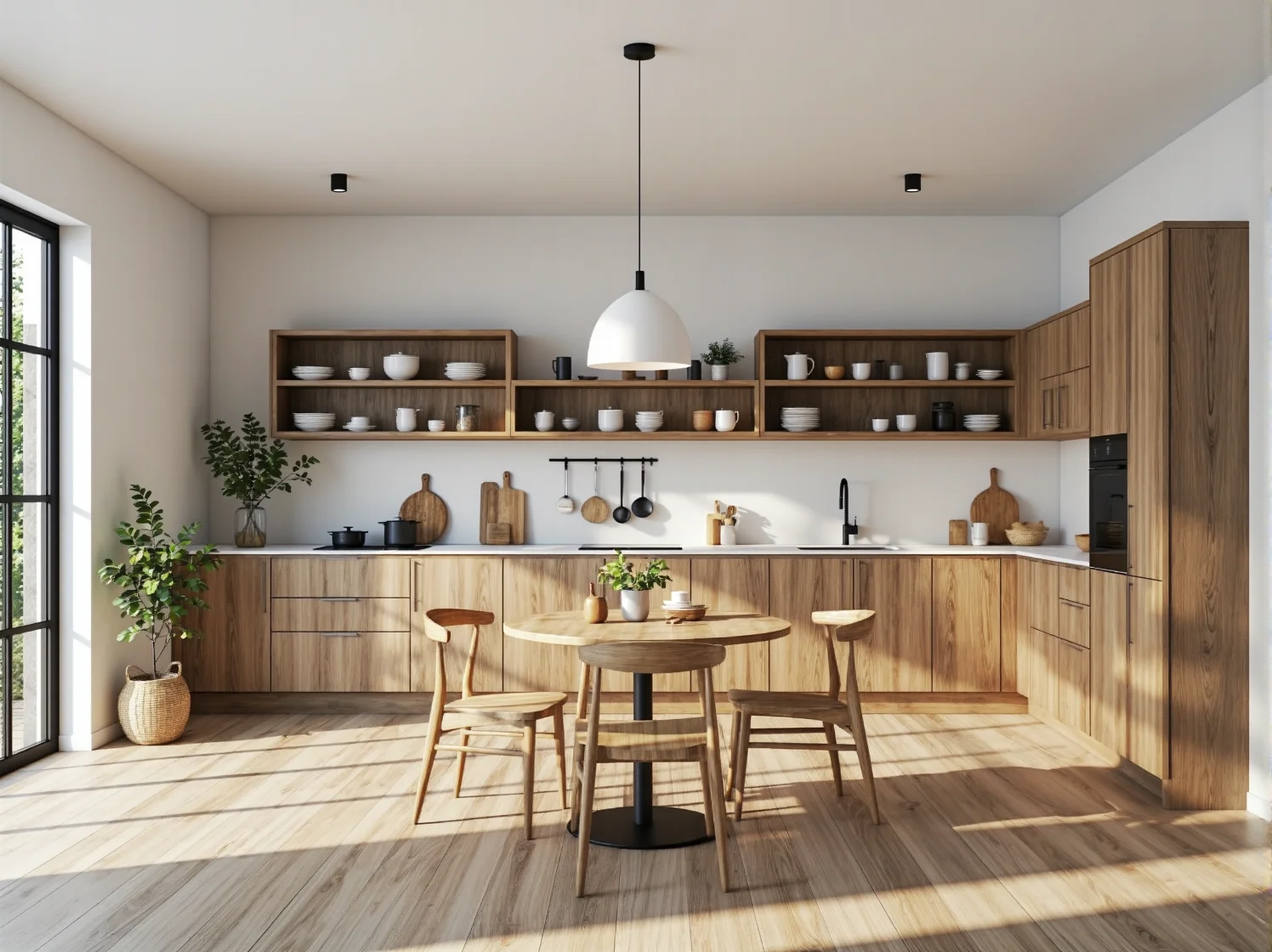 Zabudowa kuchenna dąb naturalny z otwartymi półkami i białym blatem