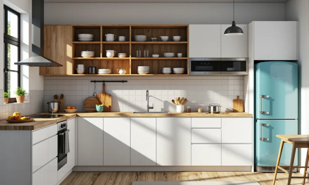 Białe szafki kuchenne z drewnianym blatem i otwartymi półkami