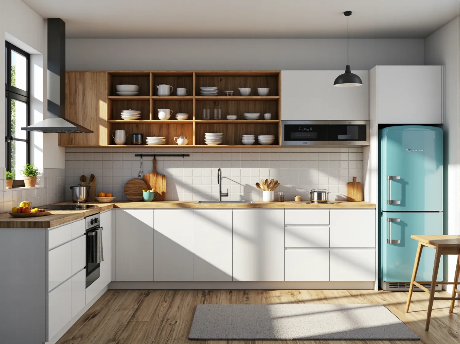 Białe szafki kuchenne z drewnianym blatem i otwartymi półkami