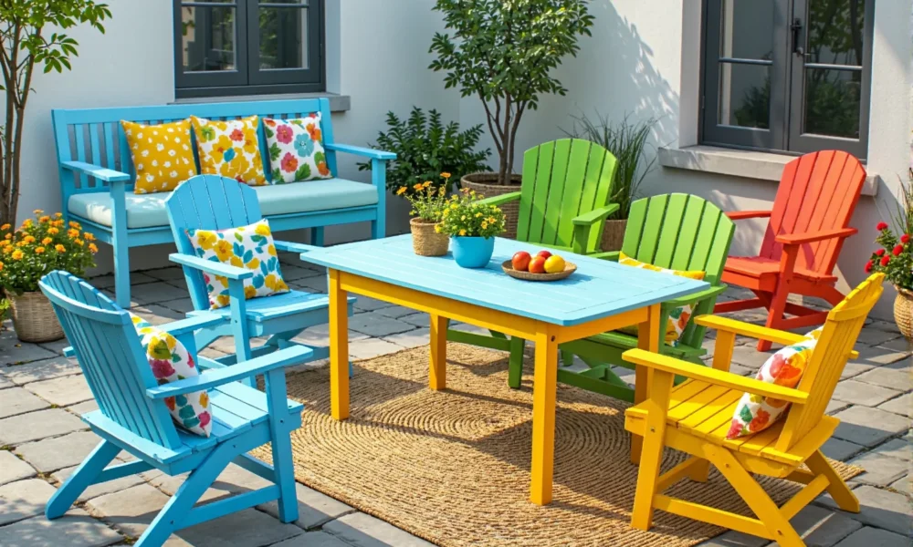 Kolorowe drewniane meble ogrodowe Adirondack z żółtym stołem