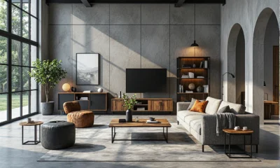 Industrialne meble salonowe orzech i grafit z metalowymi nogami