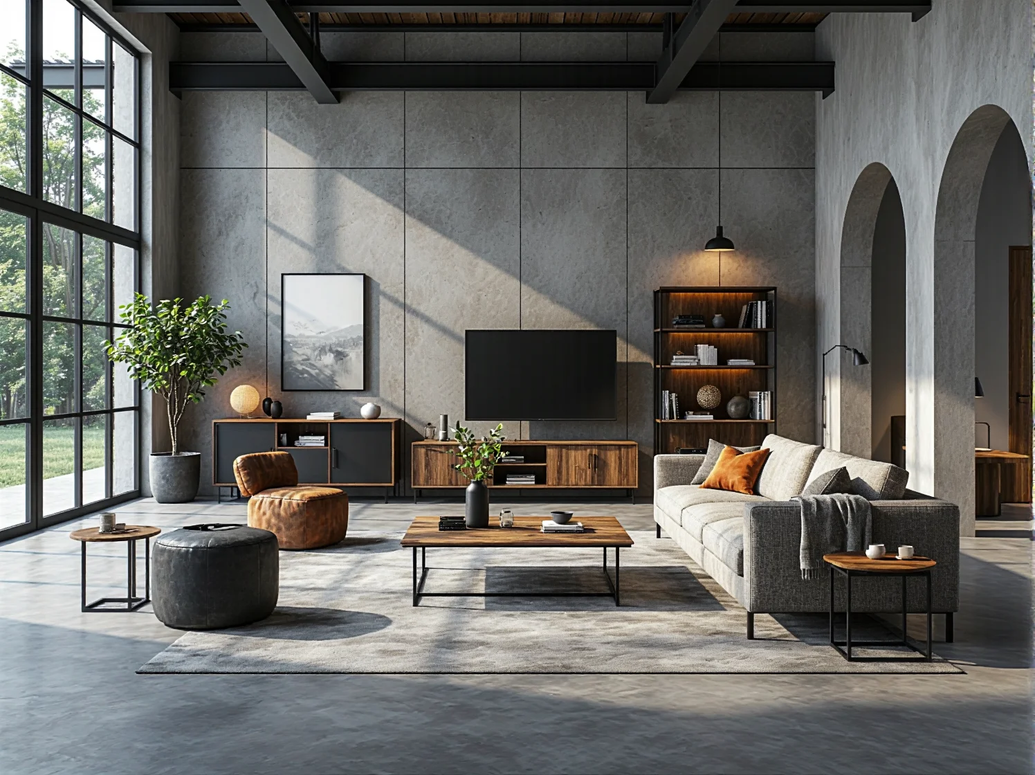 Industrialne meble salonowe orzech i grafit z metalowymi nogami