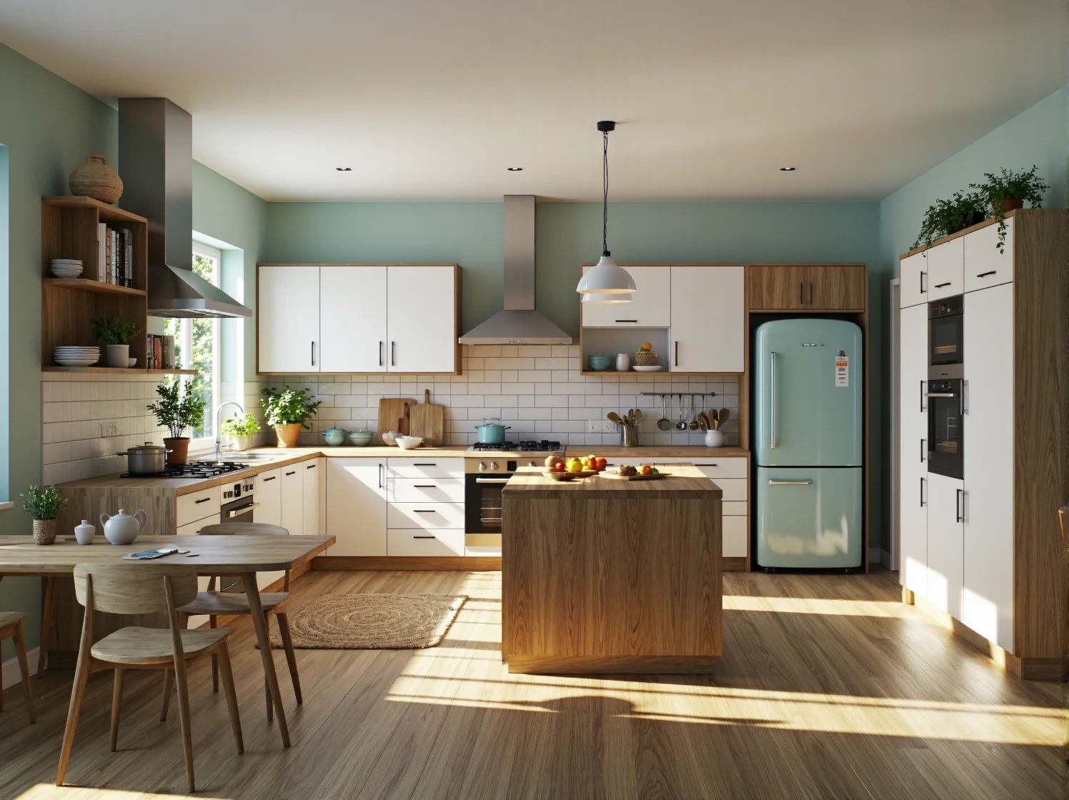 Meble kuchenne retro białe z drewnem i wyspą kuchenną