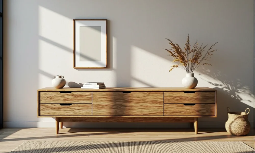 Niska komoda dębowa w stylu japandi z sześcioma szufladami