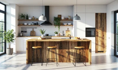 Hokery barowe z drewna odzyskanego na metalowych nogach