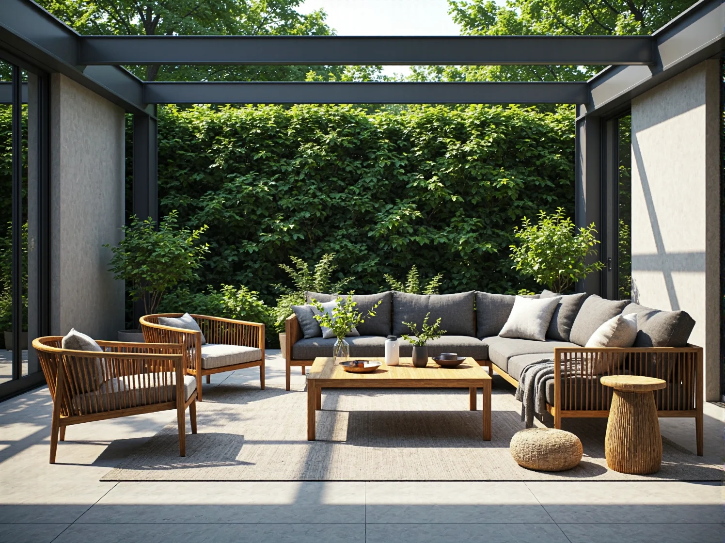 Zestaw wypoczynkowy boho do ogrodu z rattanu, ozdobiony poduszkami w etniczne wzory.