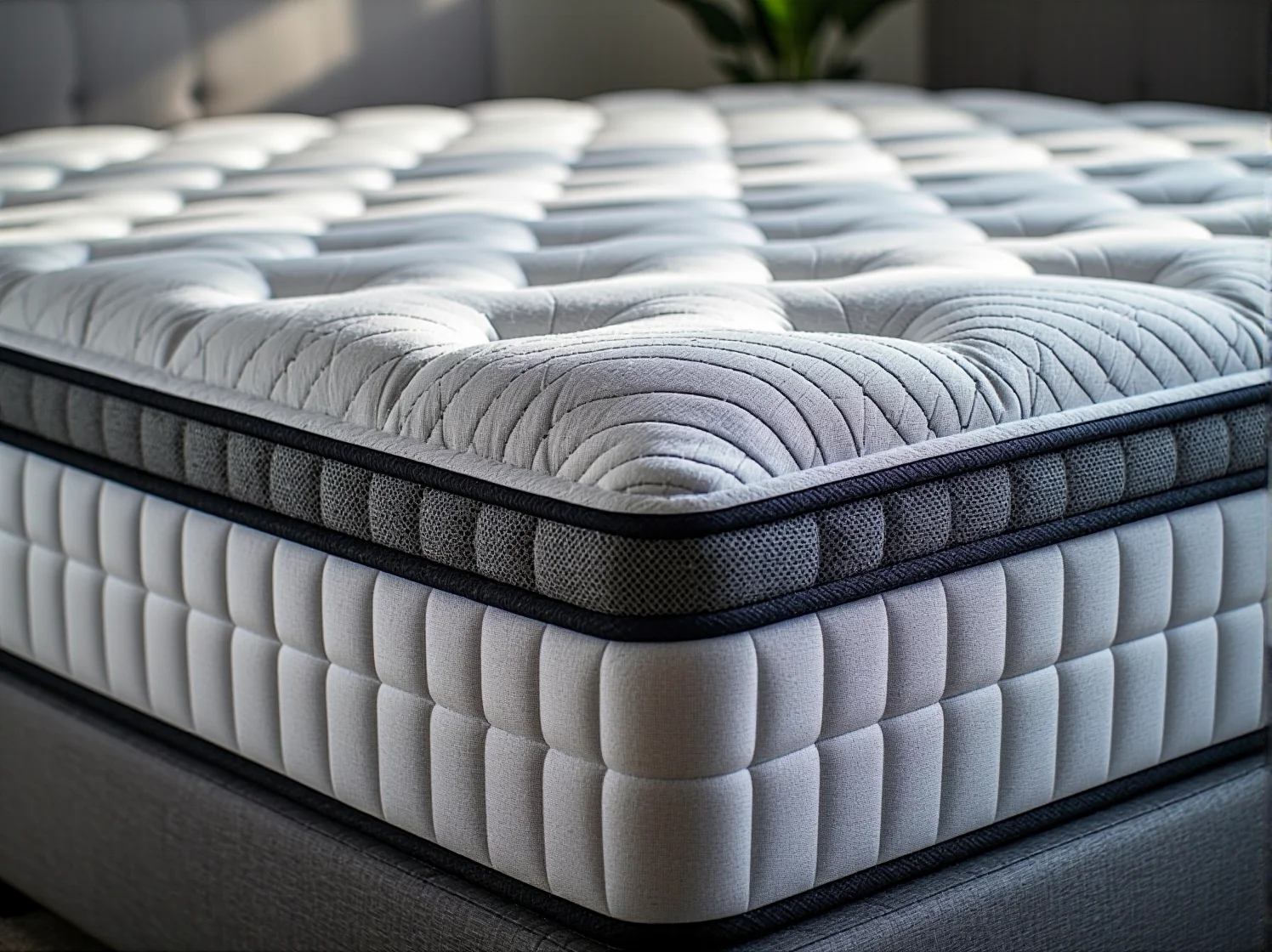 Przekrój nowoczesnego materaca kieszeniowego z warstwami pianki termoelastycznej.