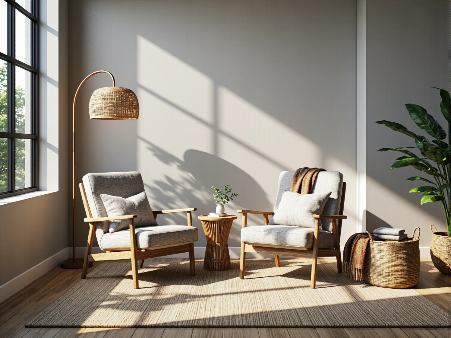 Stylowa strefa relaksu w biurze z naturalnymi tkaninami i żywą ścianą roślin.