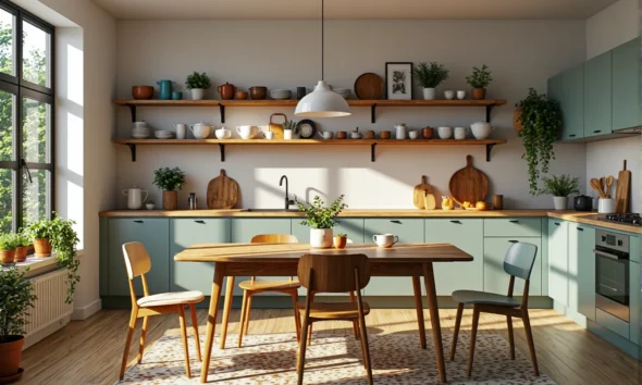 Rustykalny stół drewniany z naturalnym blatem i brązowymi nogami