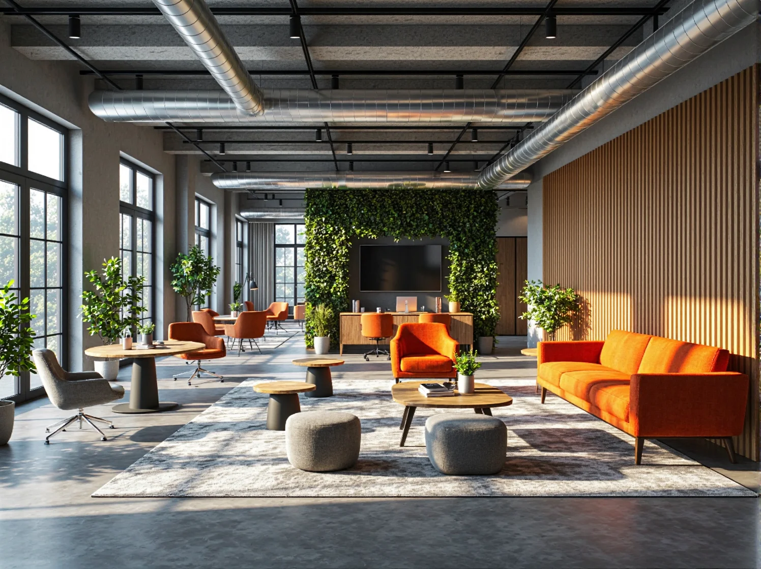 Strefa relaksu w coworkingu z wygodnymi sofami i fotelami, wspierająca produktywność i dobre samopoczucie zespołu.