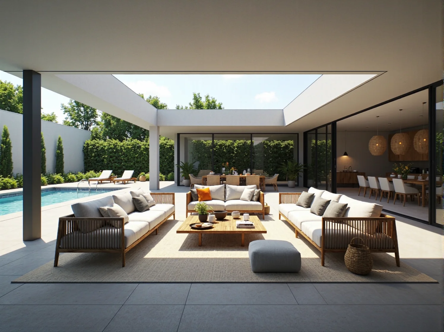 Stylowa sofa ogrodowa i fotele tworzące luksusową strefę relaksu nad wodą.