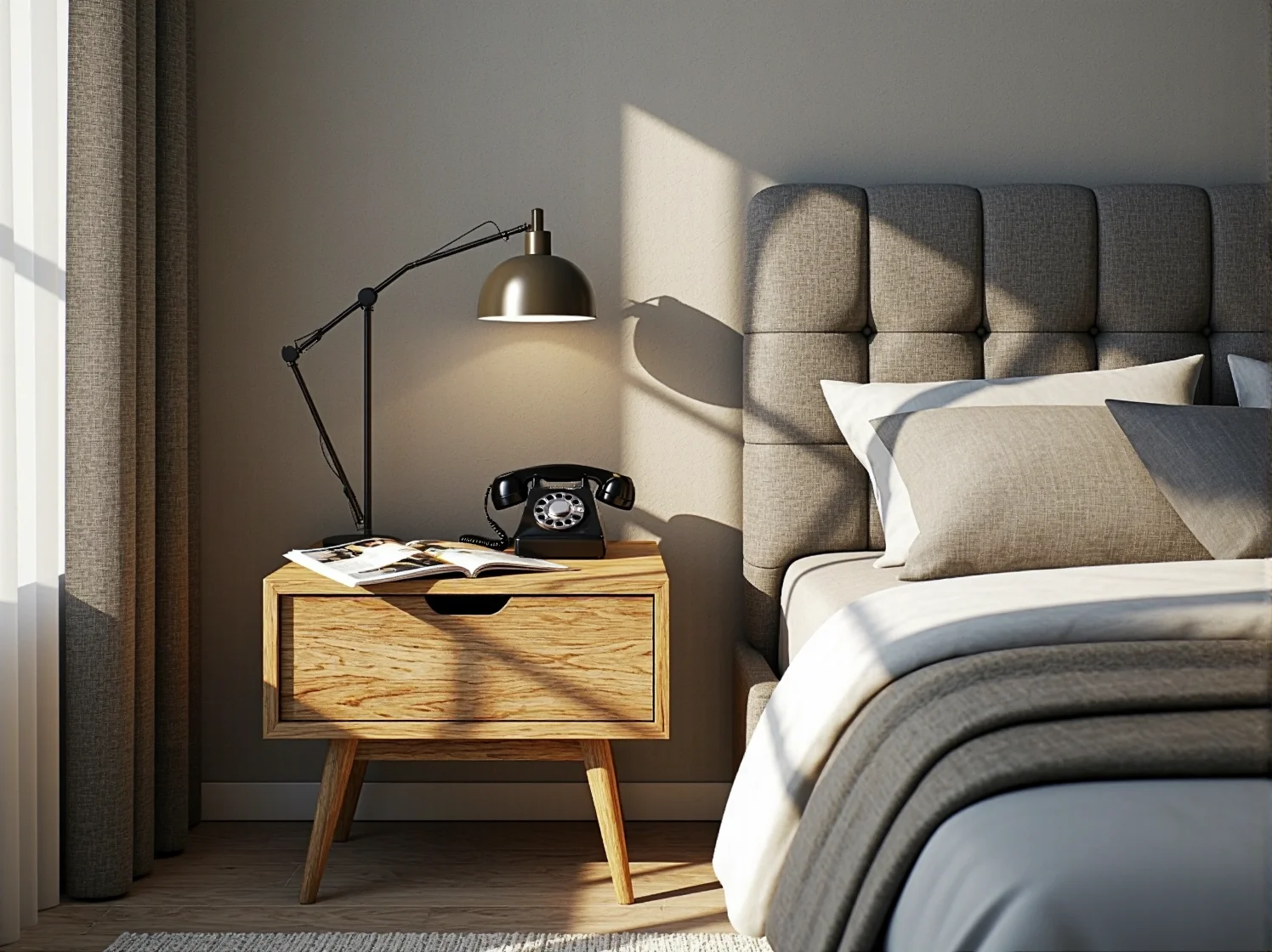 Aranżacja sypialni z elegancką szafką nocną retro w kolorze ciemnego drewna