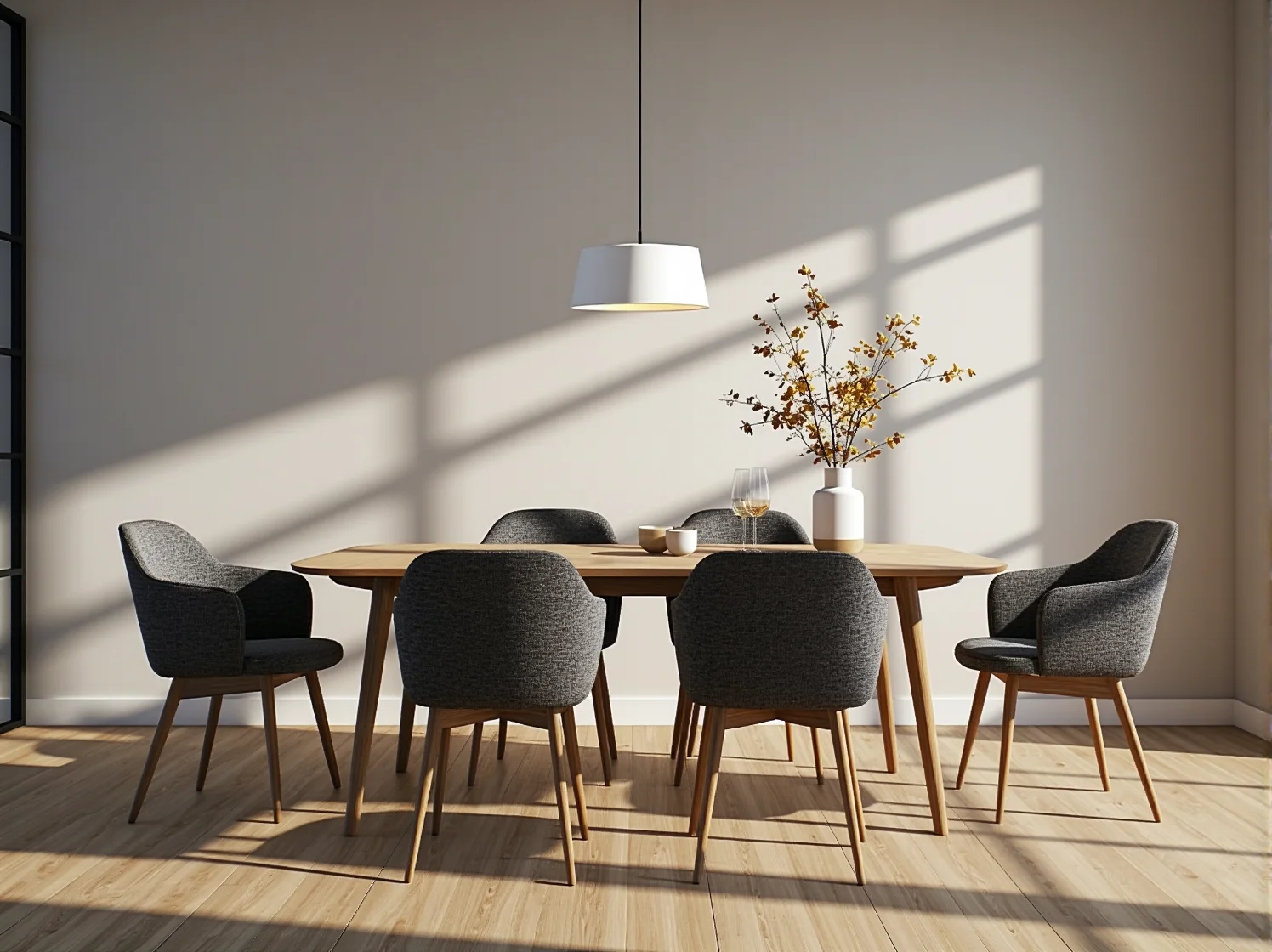 Zestaw mebli: szare krzesła tapicerowane przy drewnianym stole w surowym, minimalistycznym wnętrzu.