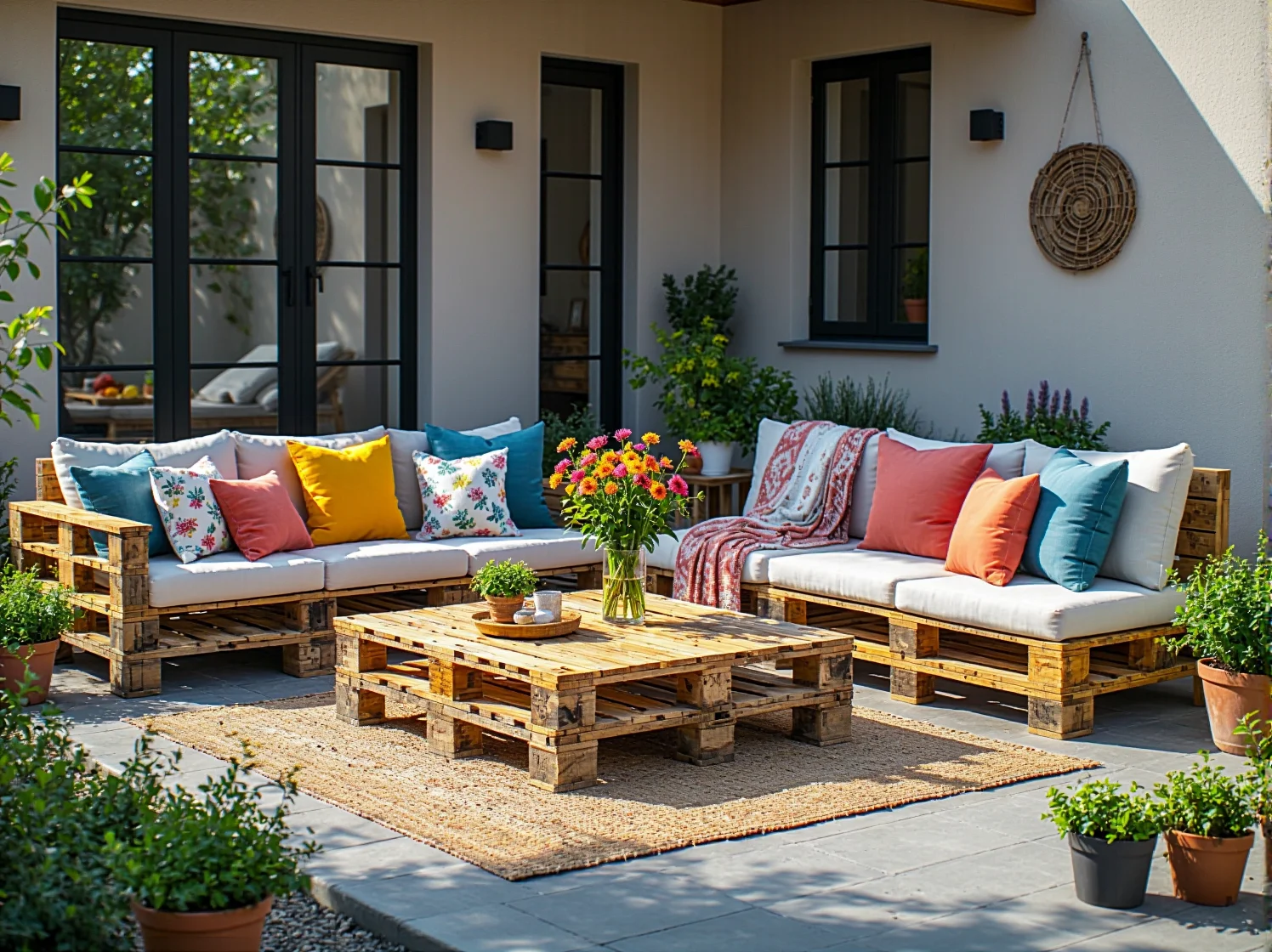 Zestaw mebli ogrodowych z palet z kolorowymi poduszkami